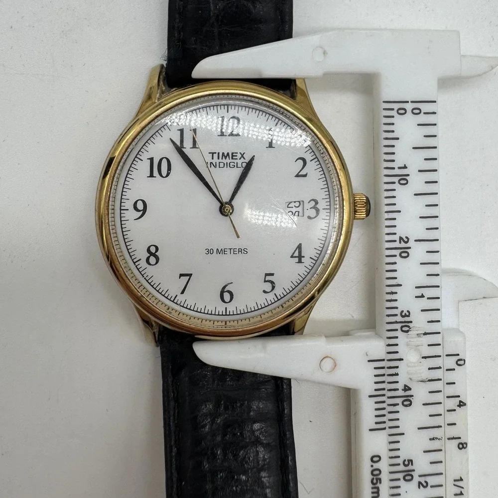 Timex Indiglo Easy Reader Gold Tone White Dial Black Leather Watch 30M T66